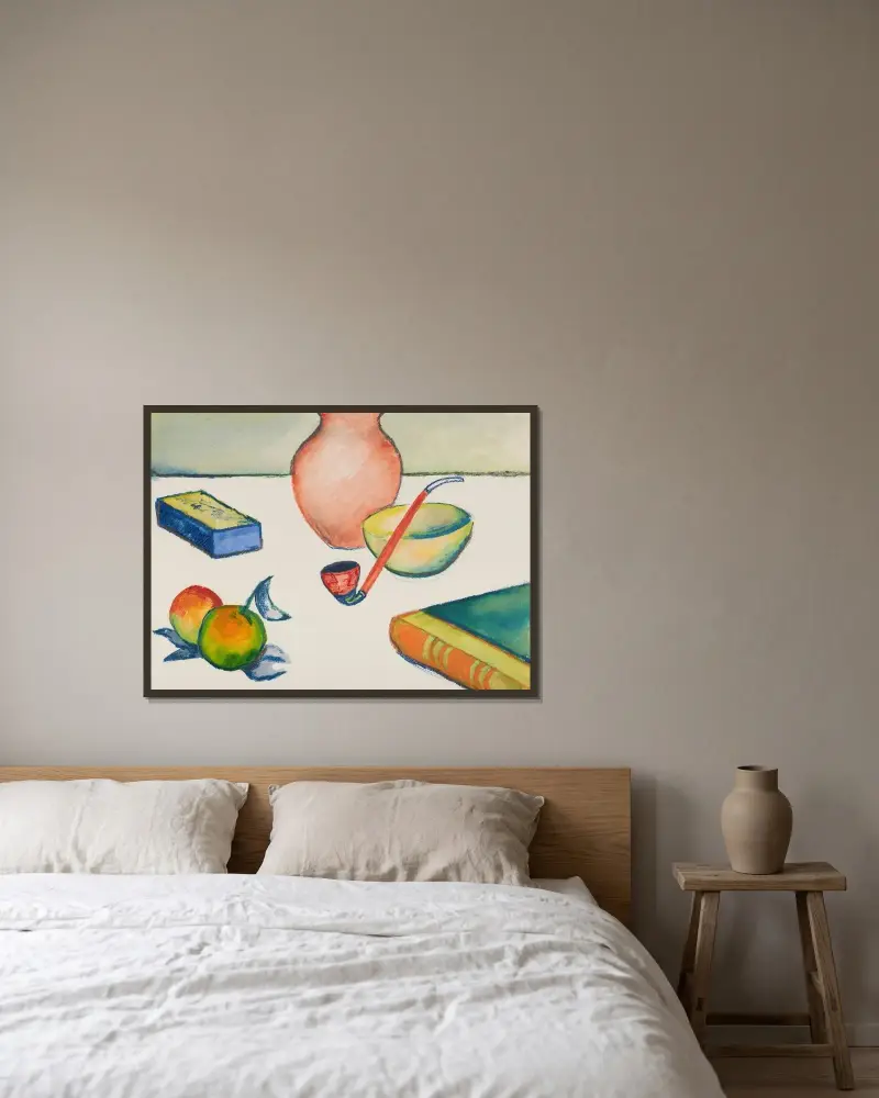 Stilleben mit Pfeife und Äpfeln von August Macke gerahmt an einer Wand