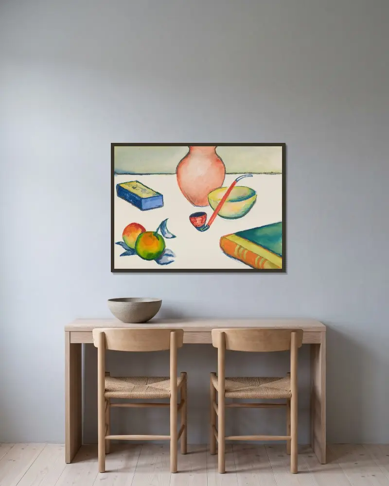 Stilleben mit Pfeife und Äpfeln von August Macke gerahmt an einer Wand
