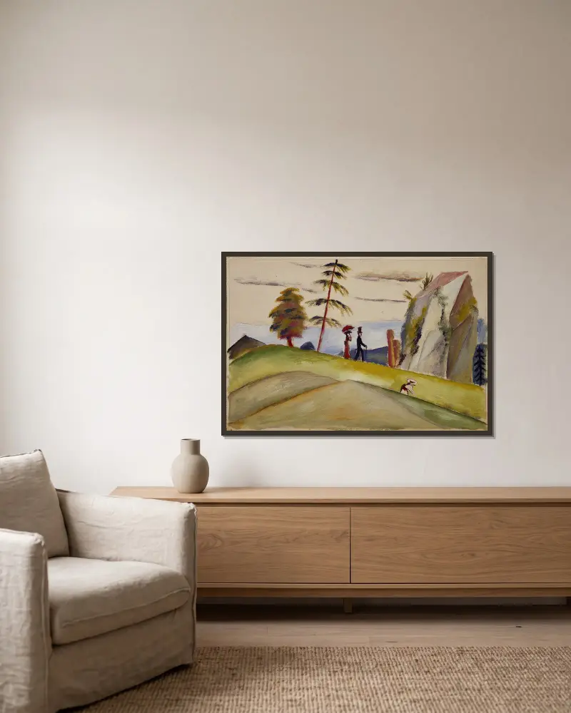 Kočárky ve skalnaté krajině, August Macke v rámu na stěně