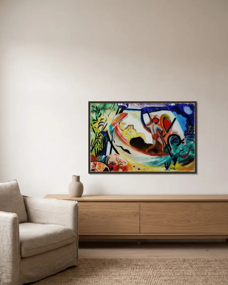Drei Mädchen in einer Barke von August Macke gerahmt an einer Wand