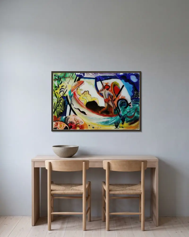 Drei Mädchen in einer Barke von August Macke gerahmt an einer Wand