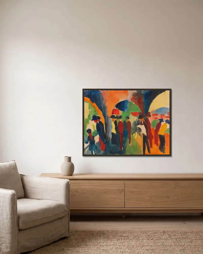 Unter den Lauben von Thun (Ein Spaziergängermotiv) von August Macke gerahmt an einer Wand