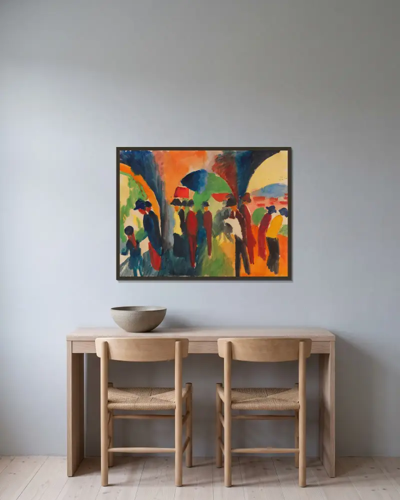 Unter den Lauben von Thun (Ein Spaziergängermotiv) von August Macke gerahmt an einer Wand
