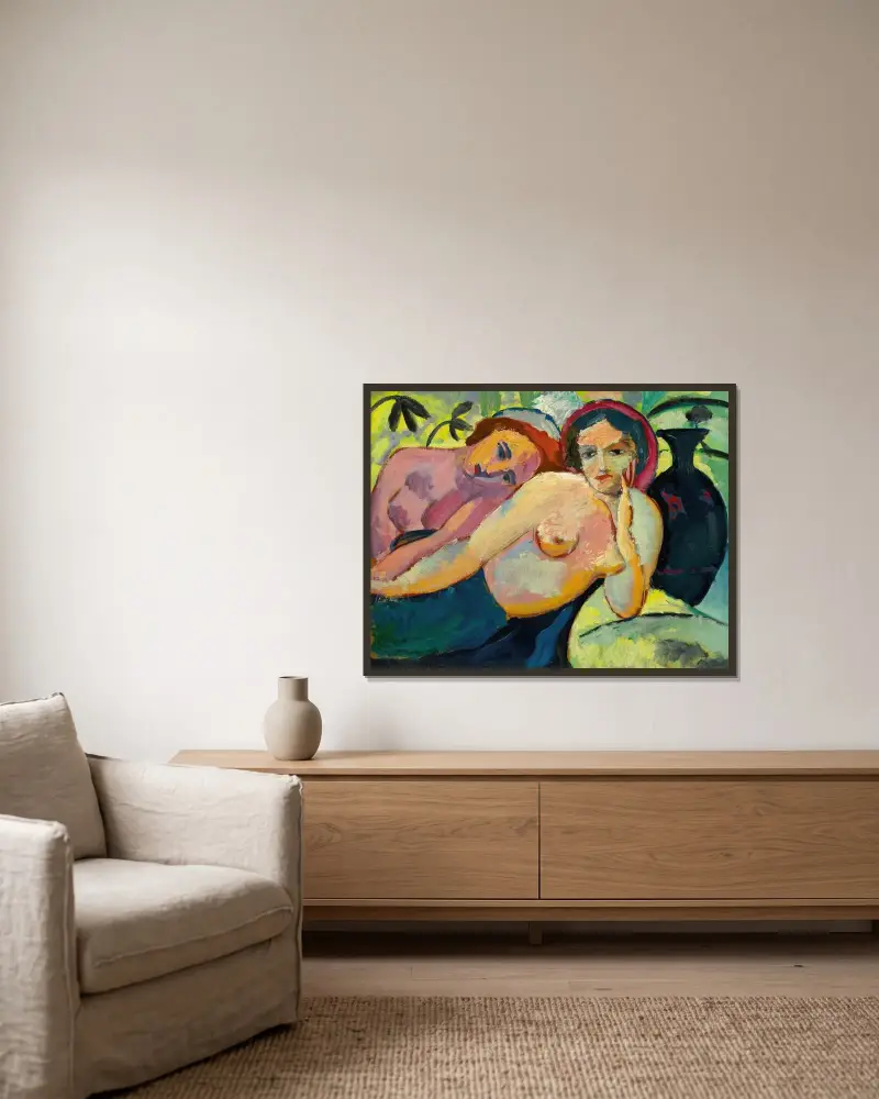 Zwei Mädchen (orientalischer Entwurf) von August Macke gerahmt an einer Wand
