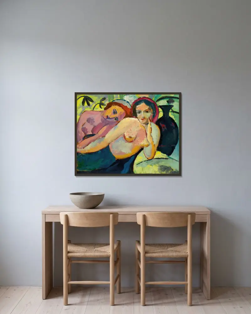 Zwei Mädchen (orientalischer Entwurf) von August Macke gerahmt an einer Wand