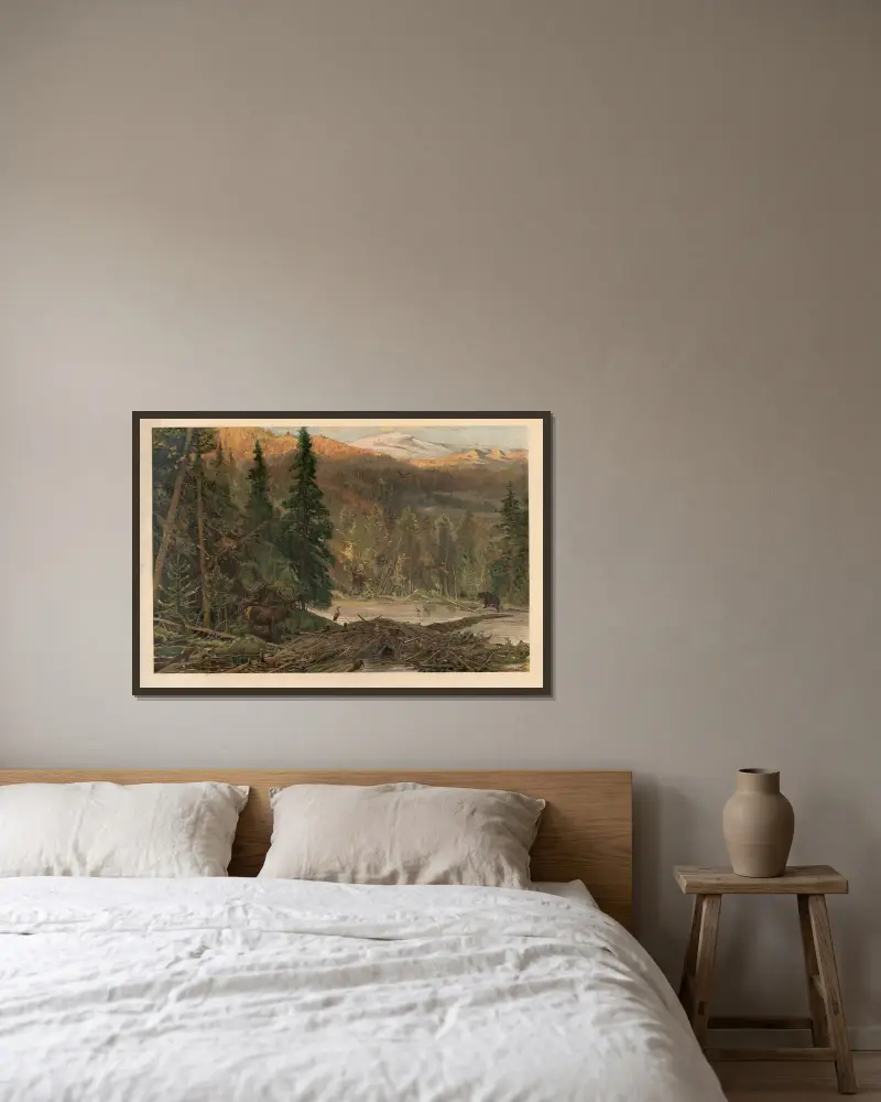 Nordamerikanischer Nadelwald von August Specht gerahmt an einer Wand