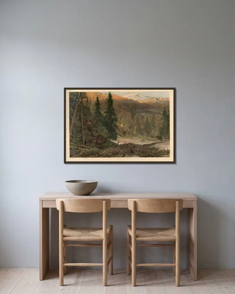 Nordamerikanischer Nadelwald von August Specht gerahmt an einer Wand