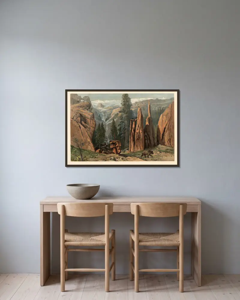 Nordamerikanische Berglandschaft von August Specht gerahmt an einer Wand
