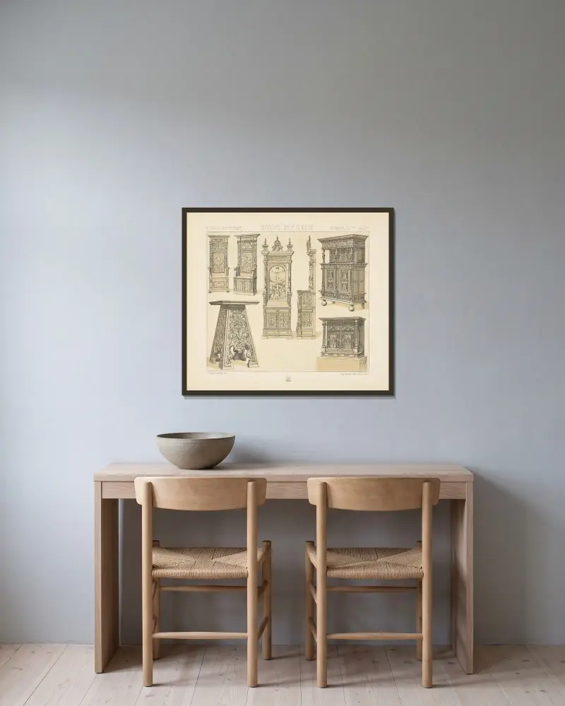 Chaires, escabeau, prie-dieu, cabinets av Auguste Racinet inramad på en vägg