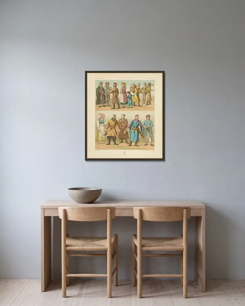 Volkstrachten. von Auguste Racinet gerahmt an einer Wand
