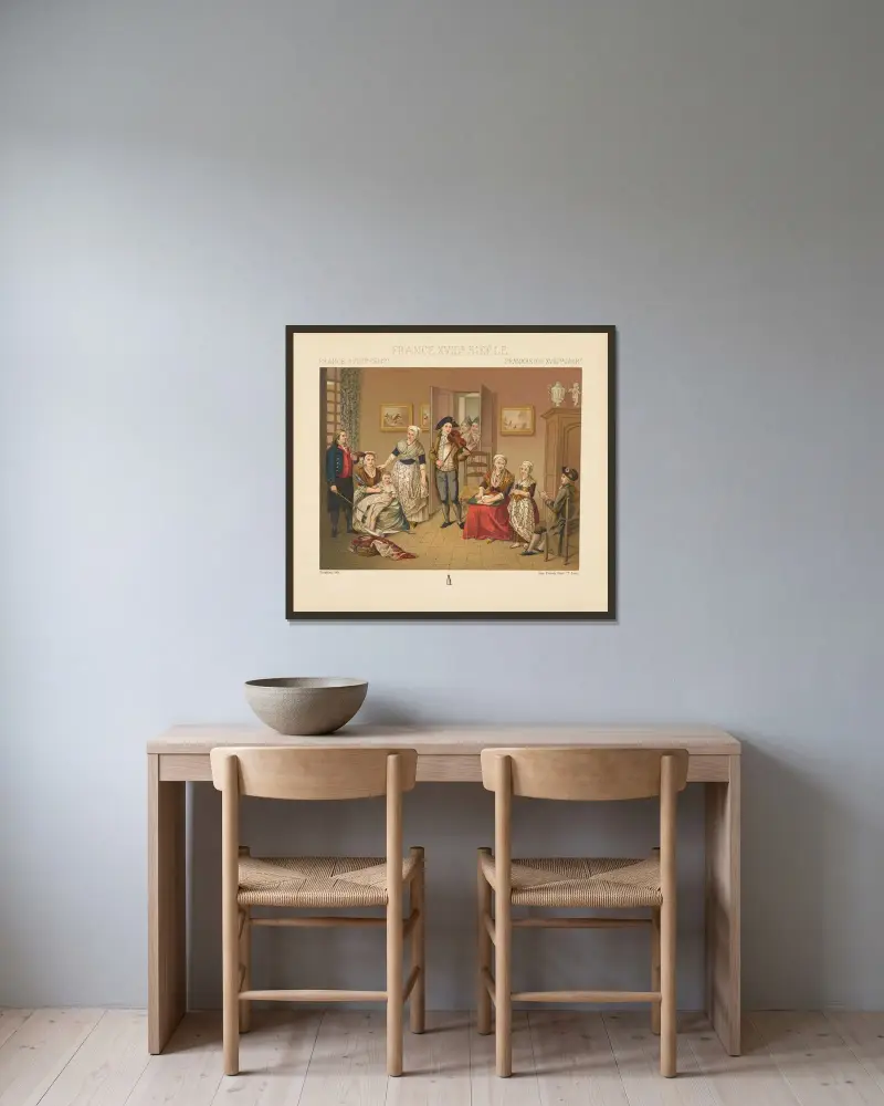 Dräkter och interiör av Auguste Racinet inramad på en vägg