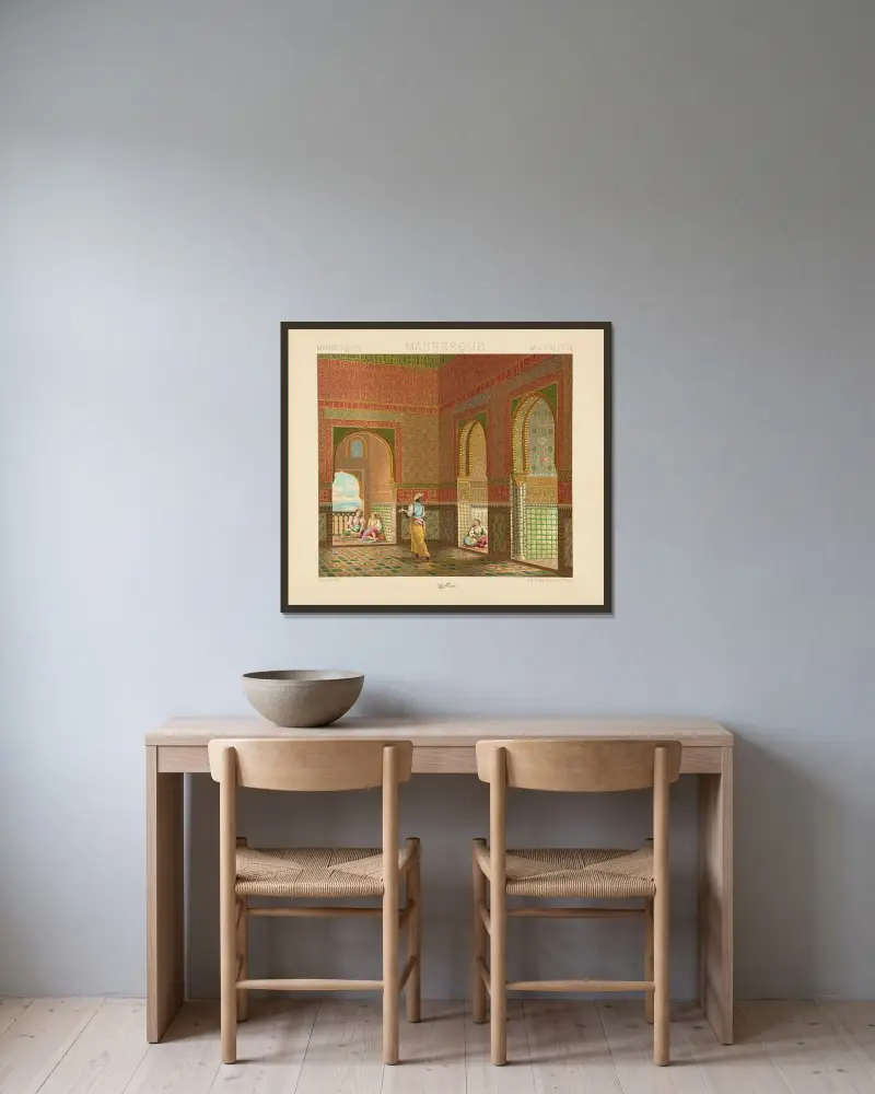 Interieur de l’habitation seigneuriale – XIIIe-XIVe siecle av Auguste Racinet inramad på en vägg