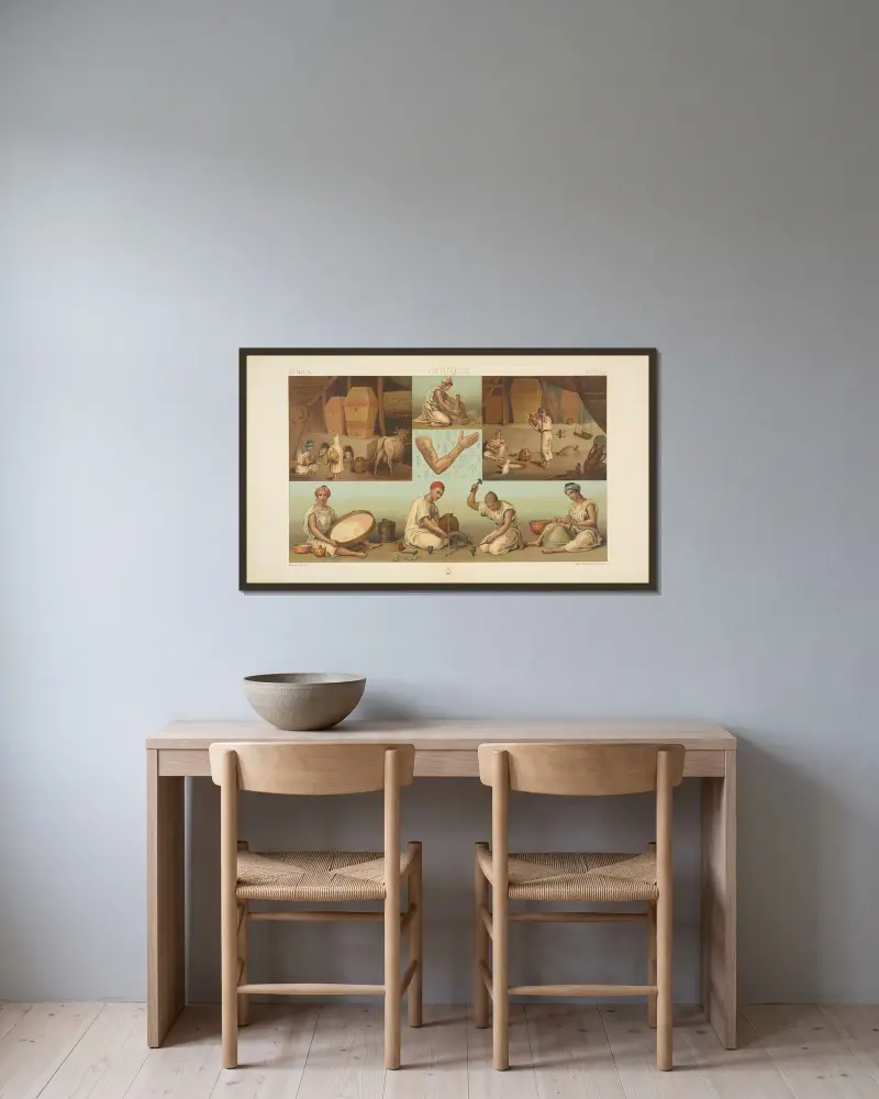Inneres einer kabylischen Wohnung; Handwerk, Tätowierungen von Auguste Racinet gerahmt an einer Wand