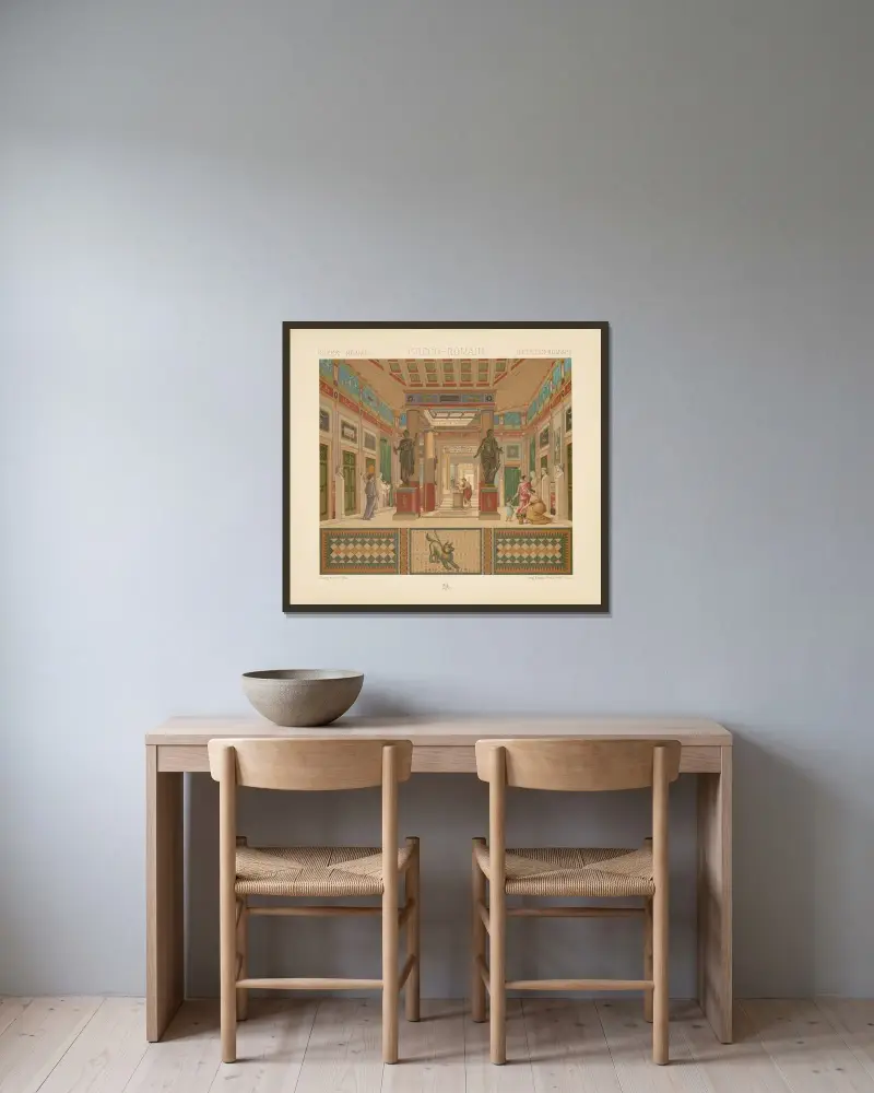 Det pompejanska huset; atriet, plan och profil av Pansas hus av Auguste Racinet inramad på en vägg