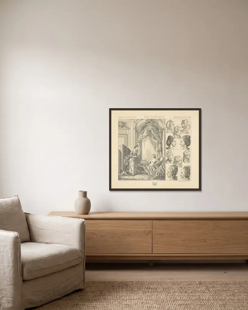 Badet – peruker för kvinnor och barn av Auguste Racinet inramad på en vägg