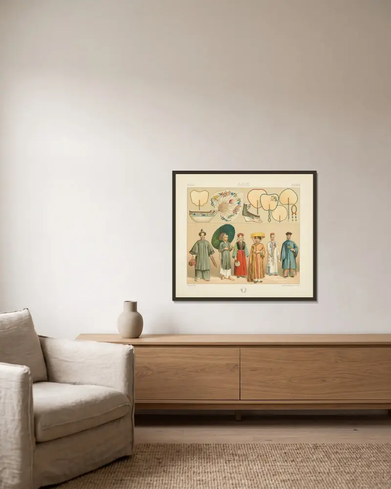 L’habillement des femmes chinoises et tartares; accessoires av Auguste Racinet inramad på en vägg