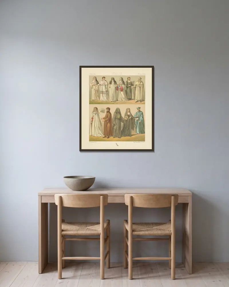 Ordres religieux av Auguste Racinet inramad på en vägg