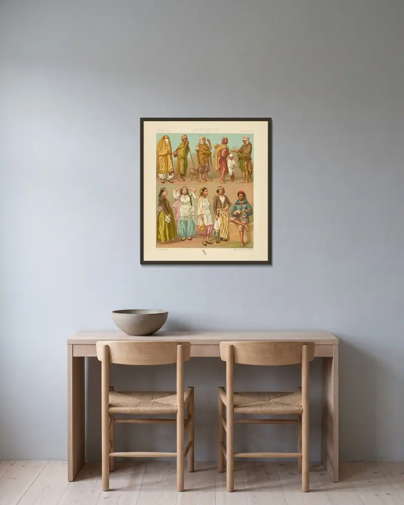 Algeriska kustbefolkningens dräkter av Auguste Racinet inramad på en vägg