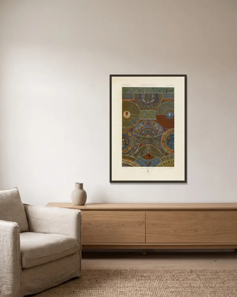 Renaissance 9 von Auguste Racinet gerahmt an einer Wand