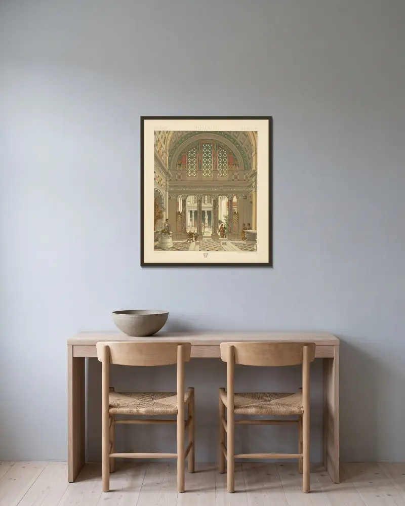 Restauration av ett palatsinteriör av Auguste Racinet inramad på en vägg