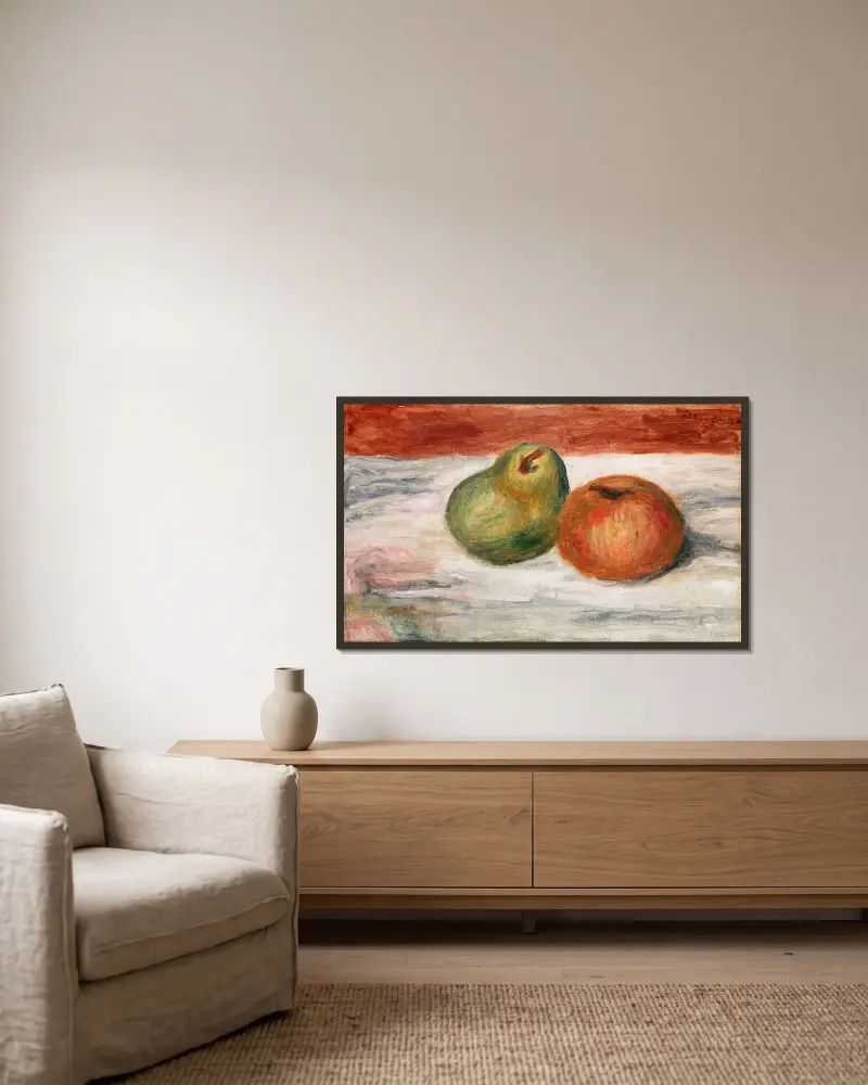 Apfel und Birne von Pierre-Auguste Renoir gerahmt an einer Wand