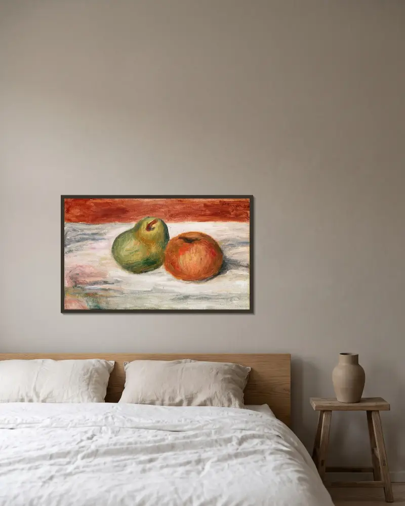 Apfel und Birne von Pierre-Auguste Renoir gerahmt an einer Wand