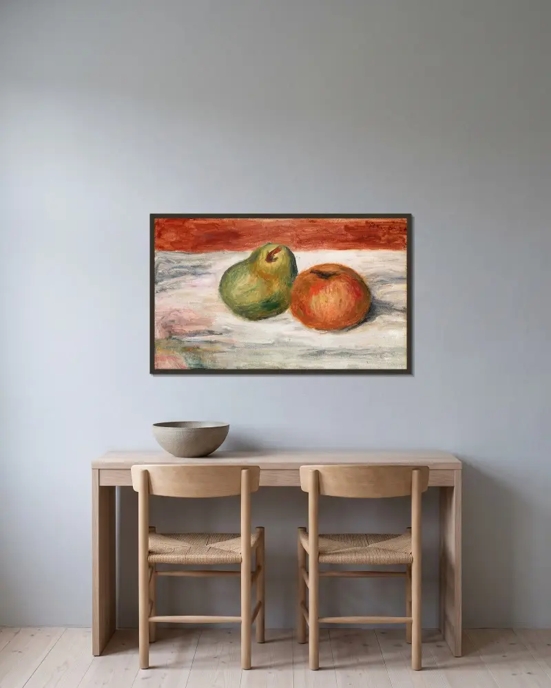 Apfel und Birne von Pierre-Auguste Renoir gerahmt an einer Wand