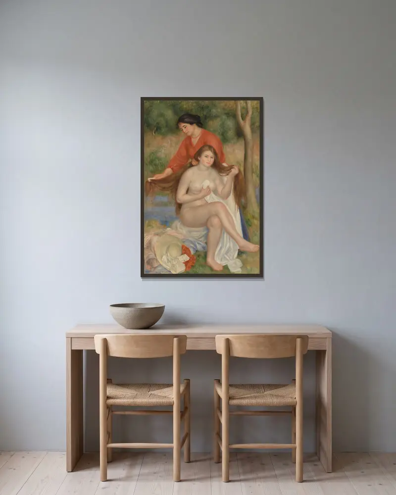 Die Toilette der Badenden von Pierre-Auguste Renoir gerahmt an einer Wand