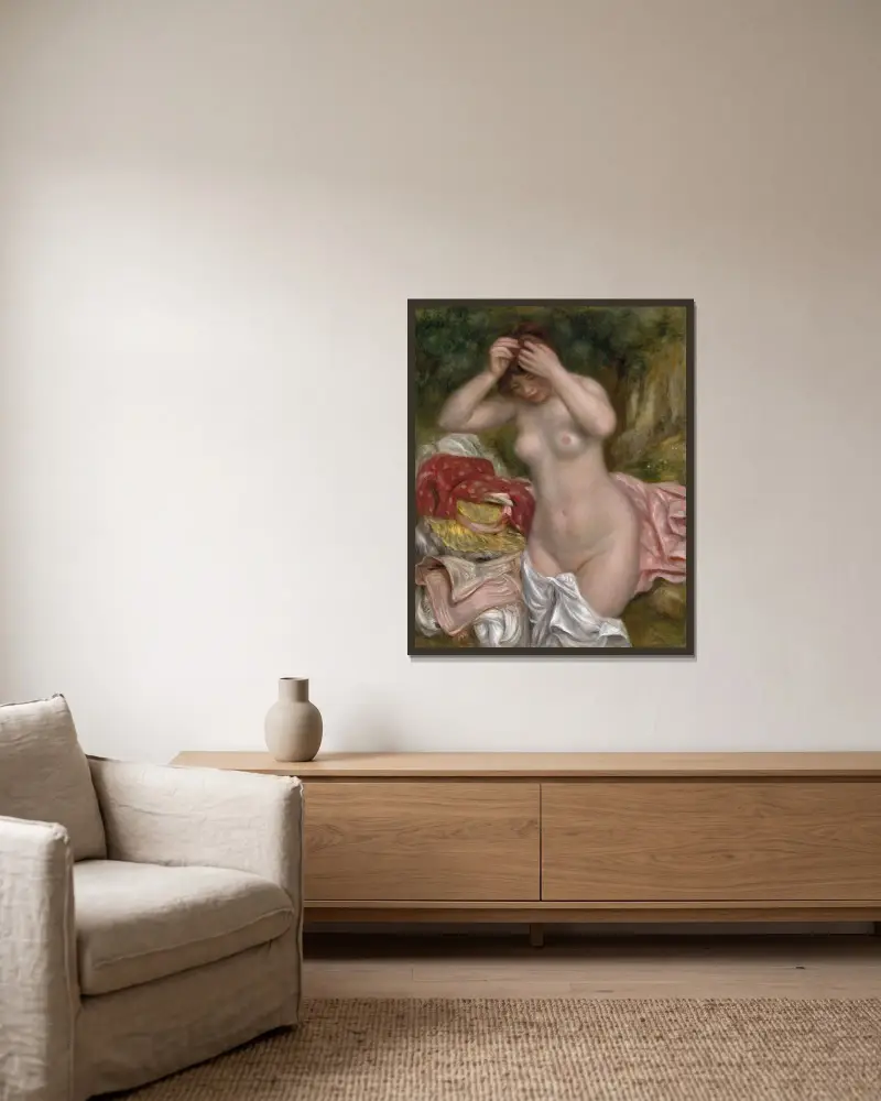 Bather Arranging Her Hair av Pierre-Auguste Renoir inramad på en vägg