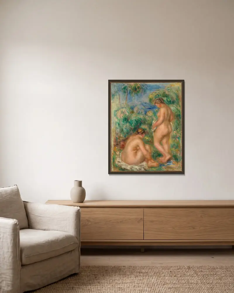 Badende Frauen, 1916 von Pierre-Auguste Renoir gerahmt an einer Wand