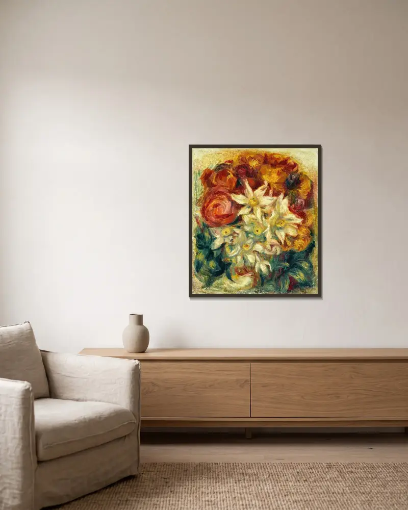 Strauß mit Narzissen und Rosen von Pierre-Auguste Renoir gerahmt an einer Wand