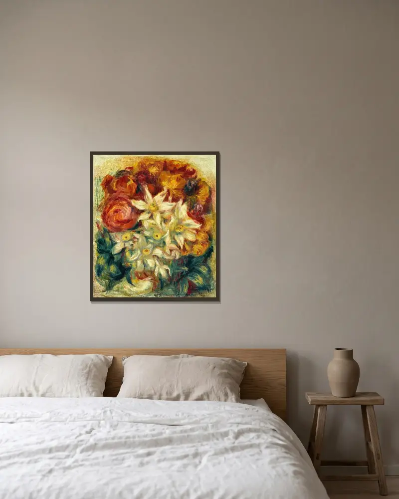 Strauß mit Narzissen und Rosen von Pierre-Auguste Renoir gerahmt an einer Wand