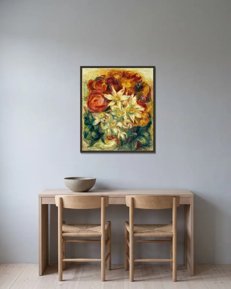 Strauß mit Narzissen und Rosen von Pierre-Auguste Renoir gerahmt an einer Wand
