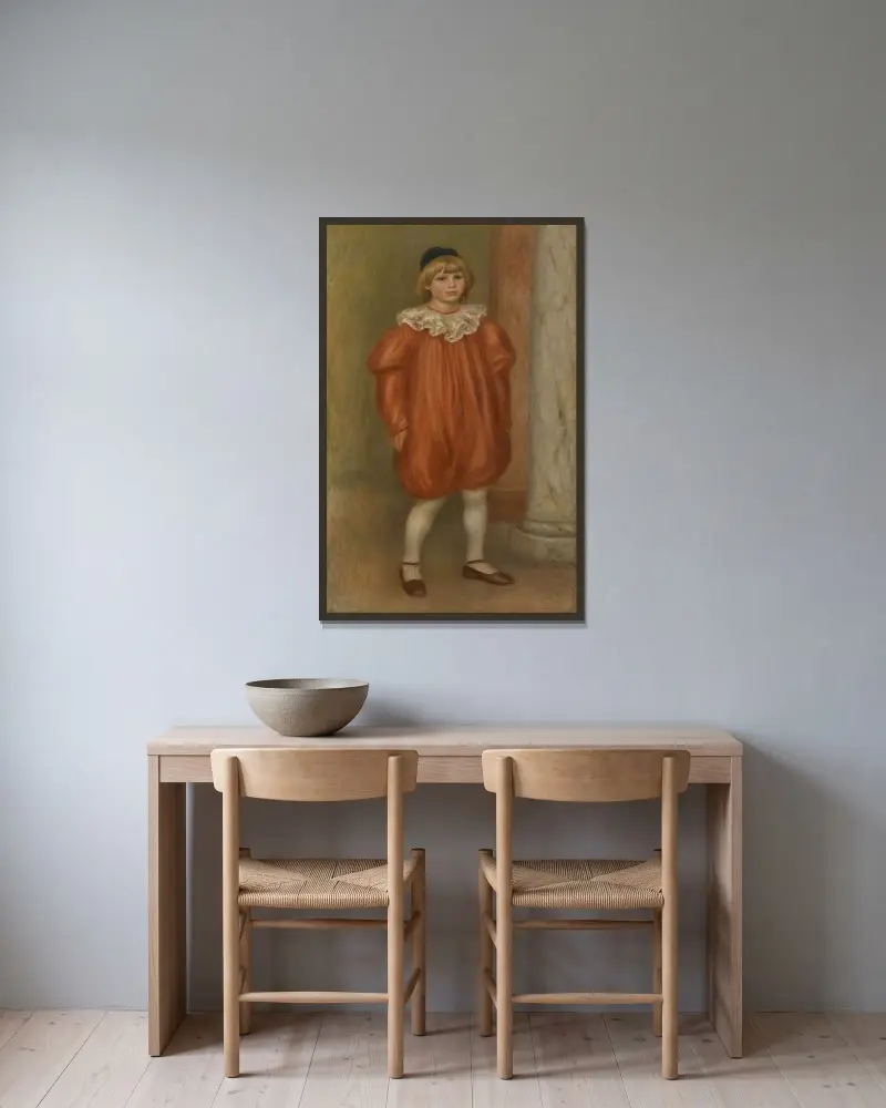 Claude Renoir i clownkostym av Pierre-Auguste Renoir inramad på en vägg