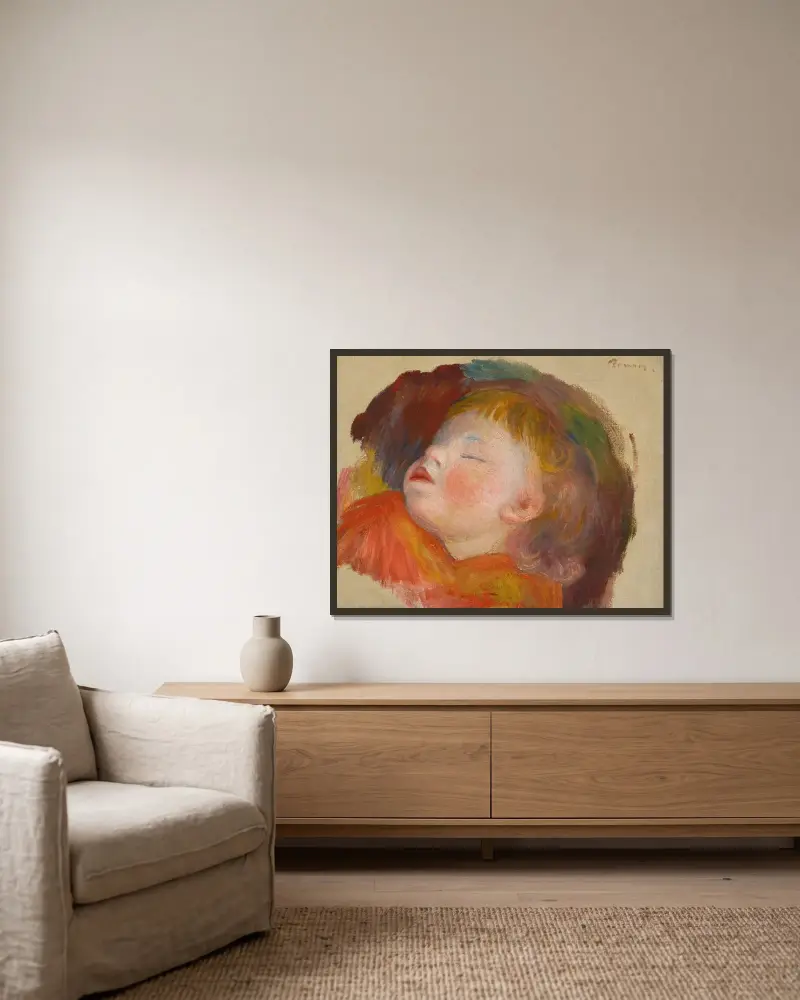 Schlafendes Kind von Pierre-Auguste Renoir gerahmt an einer Wand