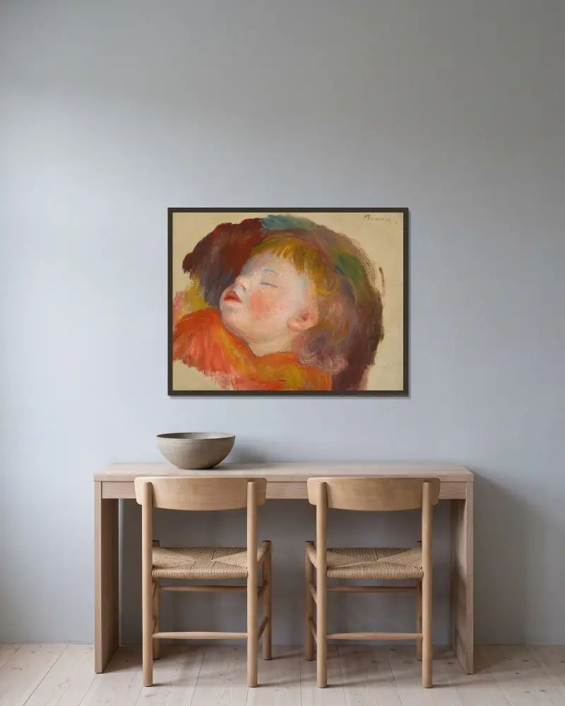 Schlafendes Kind von Pierre-Auguste Renoir gerahmt an einer Wand