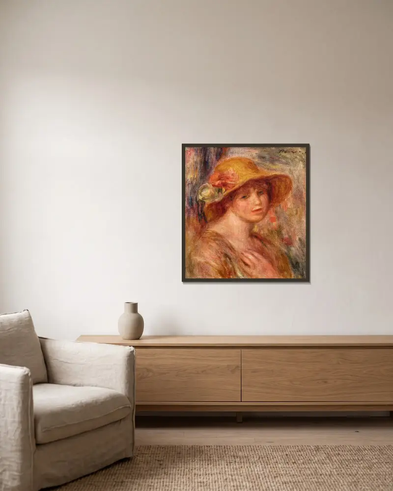 Femme au chapeau de paille av Pierre-Auguste Renoir inramad på en vägg