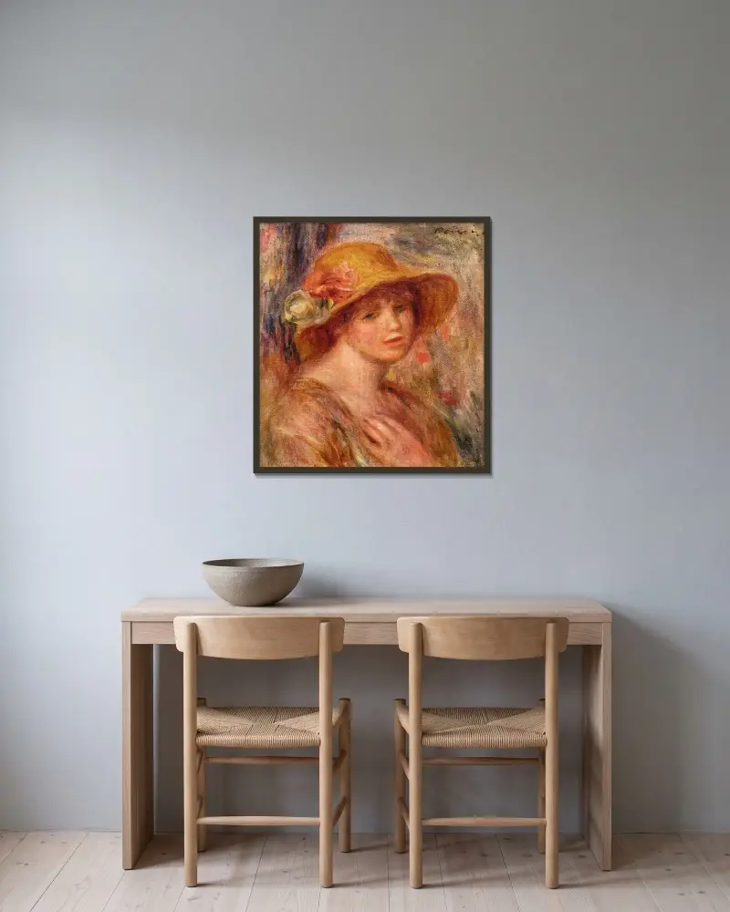 Femme au chapeau de paille av Pierre-Auguste Renoir inramad på en vägg