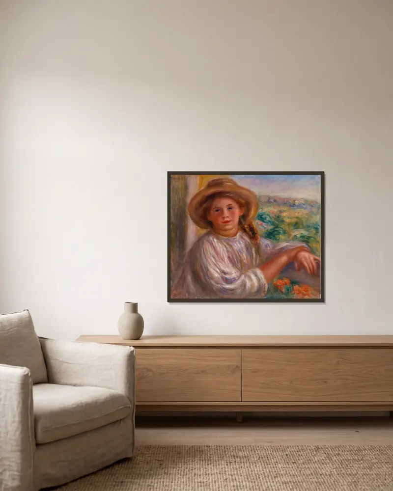 Girl on a Balcony, Cagnes (Jeune femme au balcon, Cagnes) av Pierre-Auguste Renoir inramad på en vägg