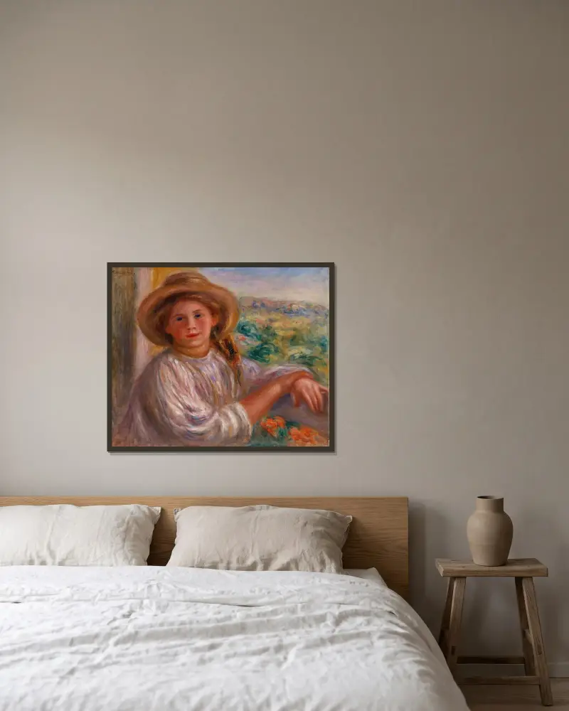 Girl on a Balcony, Cagnes (Jeune femme au balcon, Cagnes) av Pierre-Auguste Renoir inramad på en vägg
