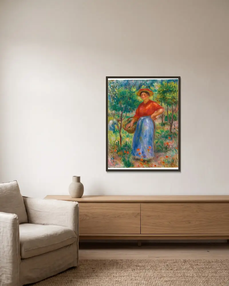 Jeune Fille Au Panier (Gabrielle Au Jardin) av Pierre-Auguste Renoir inramad på en vägg