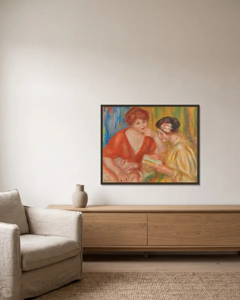 La Lecture, Deux Femmes Aux Corsages Rouge Et Rose av Pierre-Auguste Renoir inramad på en vägg