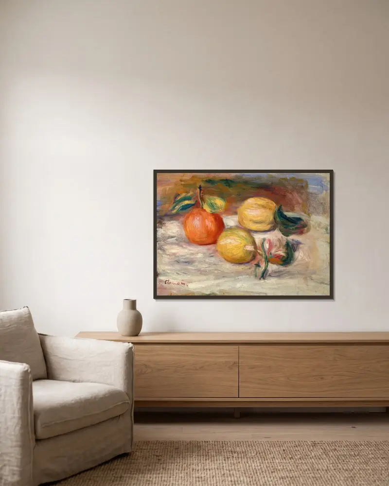 Zitronen und Orange von Pierre-Auguste Renoir gerahmt an einer Wand