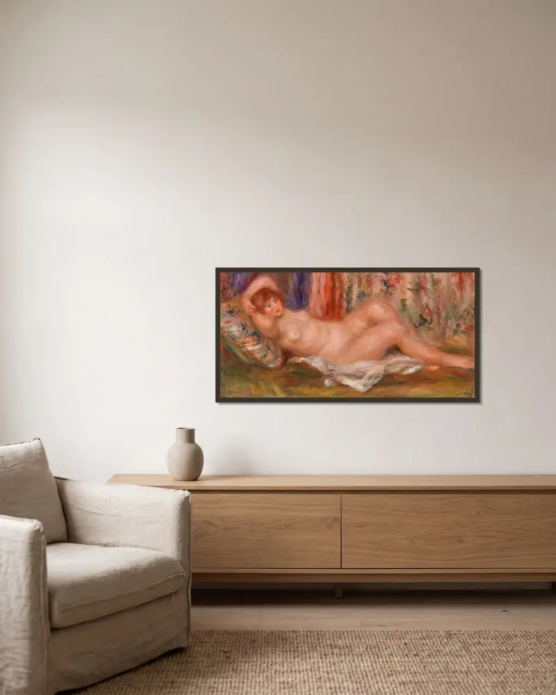 Nude Woman Reclining (Femme nue couchée sur le dos) av Pierre-Auguste Renoir inramad på en vägg