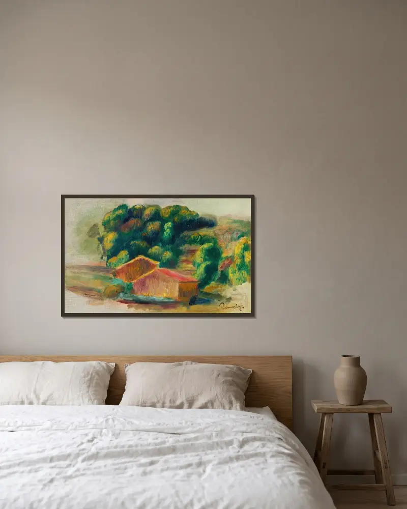 Krajina s domy, Pierre-Auguste Renoir v rámu na stěně
