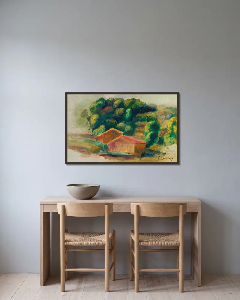 Krajina s domy, Pierre-Auguste Renoir v rámu na stěně