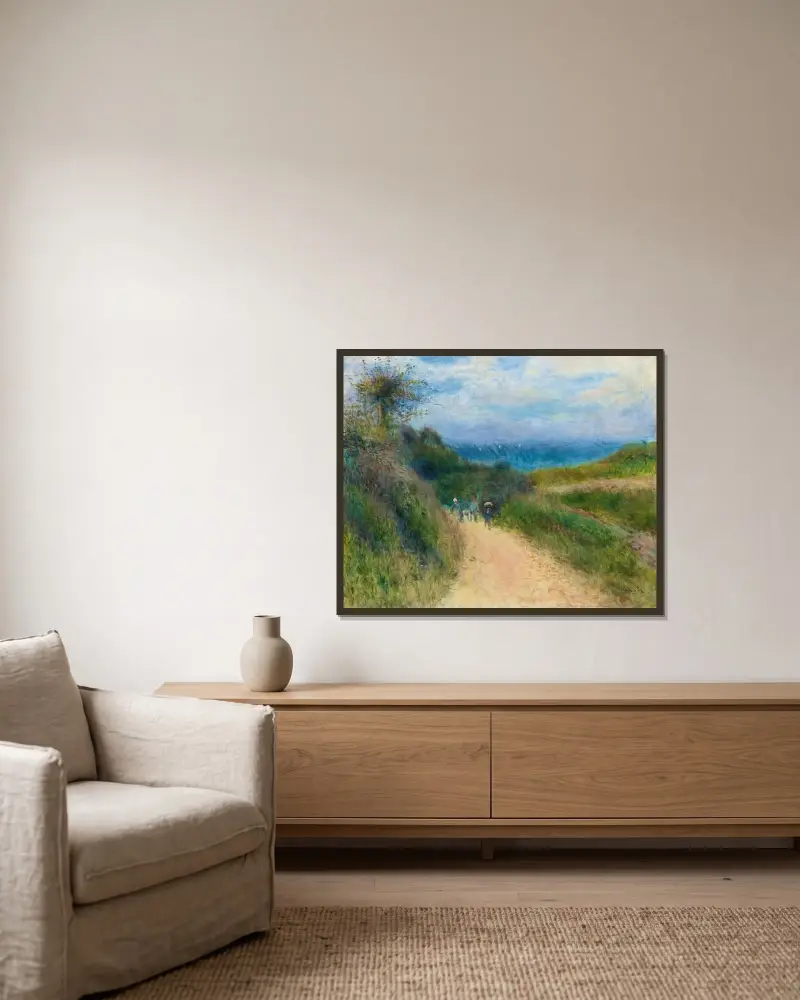 Weg nach Berneval von Pierre-Auguste Renoir gerahmt an einer Wand