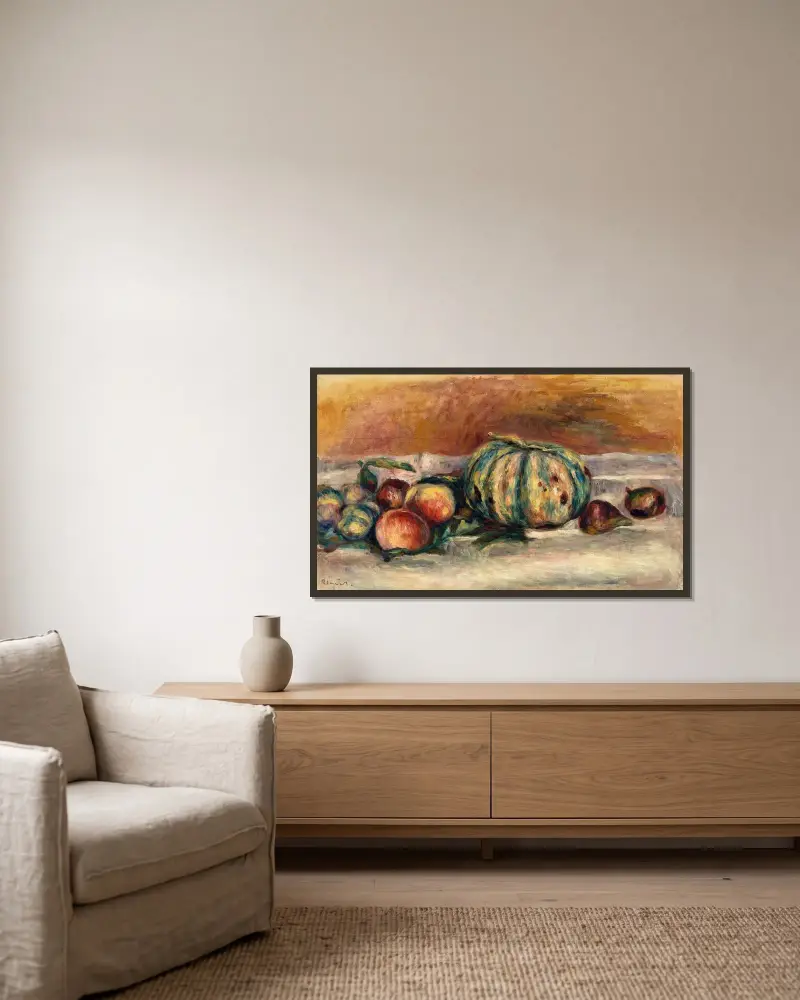 Stillleben mit Melone von Pierre-Auguste Renoir gerahmt an einer Wand