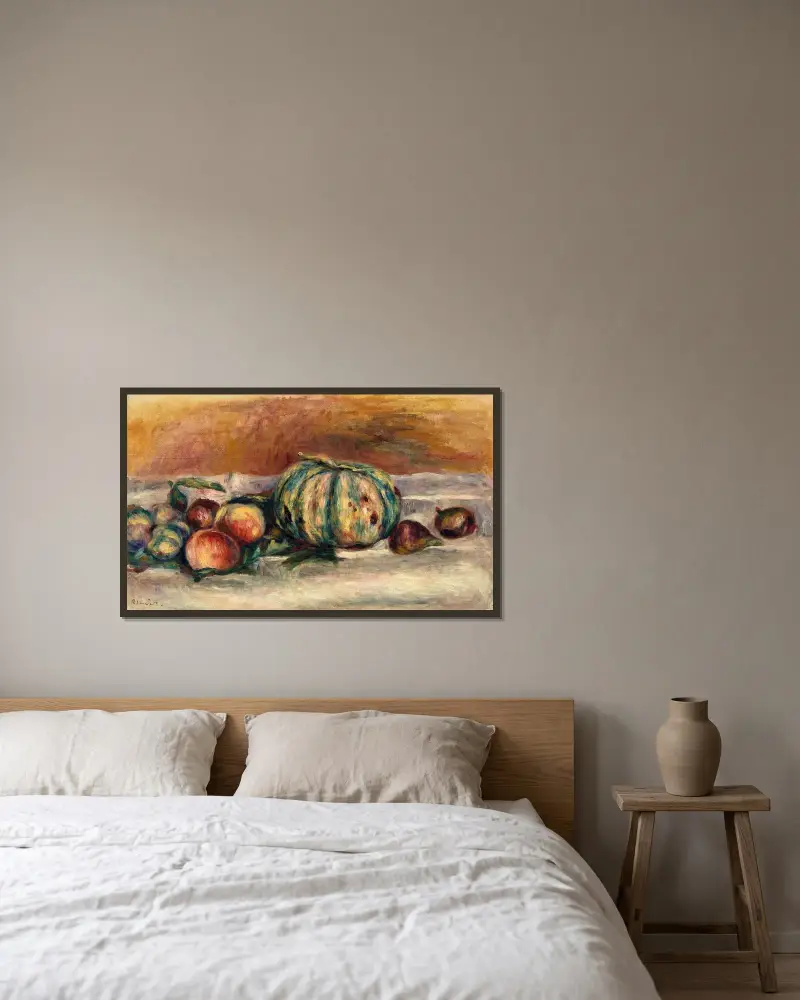 Stillleben mit Melone von Pierre-Auguste Renoir gerahmt an einer Wand