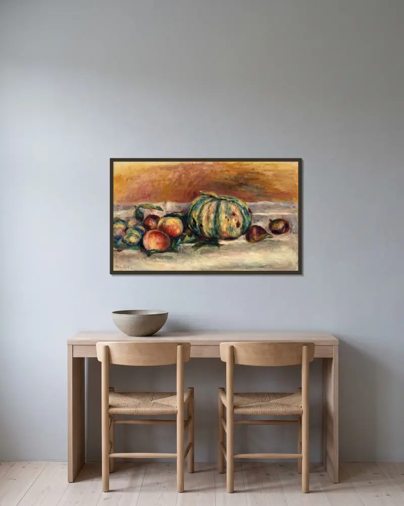 Stillleben mit Melone von Pierre-Auguste Renoir gerahmt an einer Wand